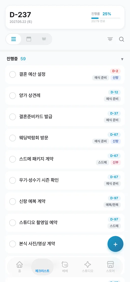 D-day 와 담당이 붙은 체크리스트 목록