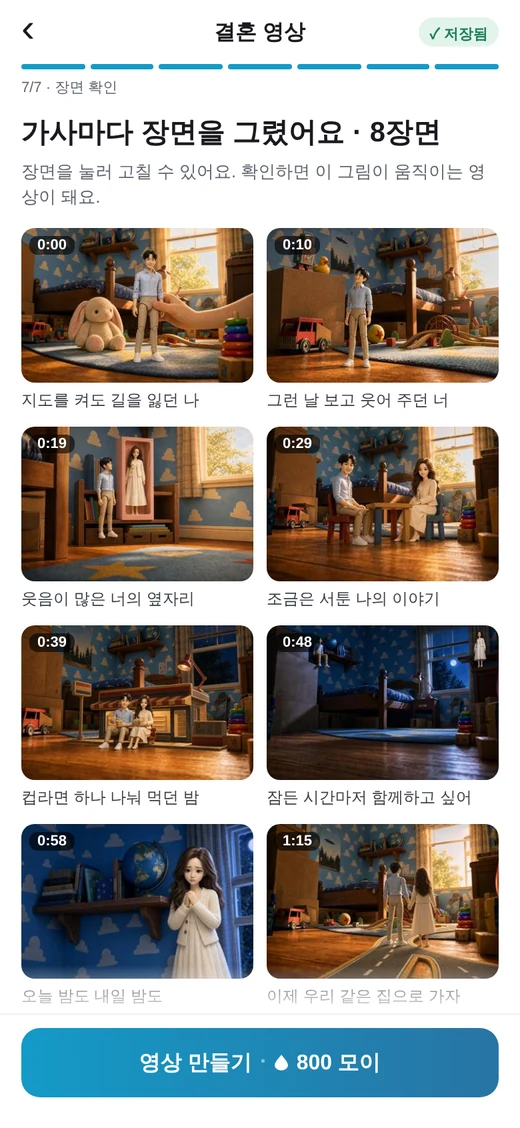 가사마다 그린 장면 8장이 시간 순서로 놓인 장면 확인 화면