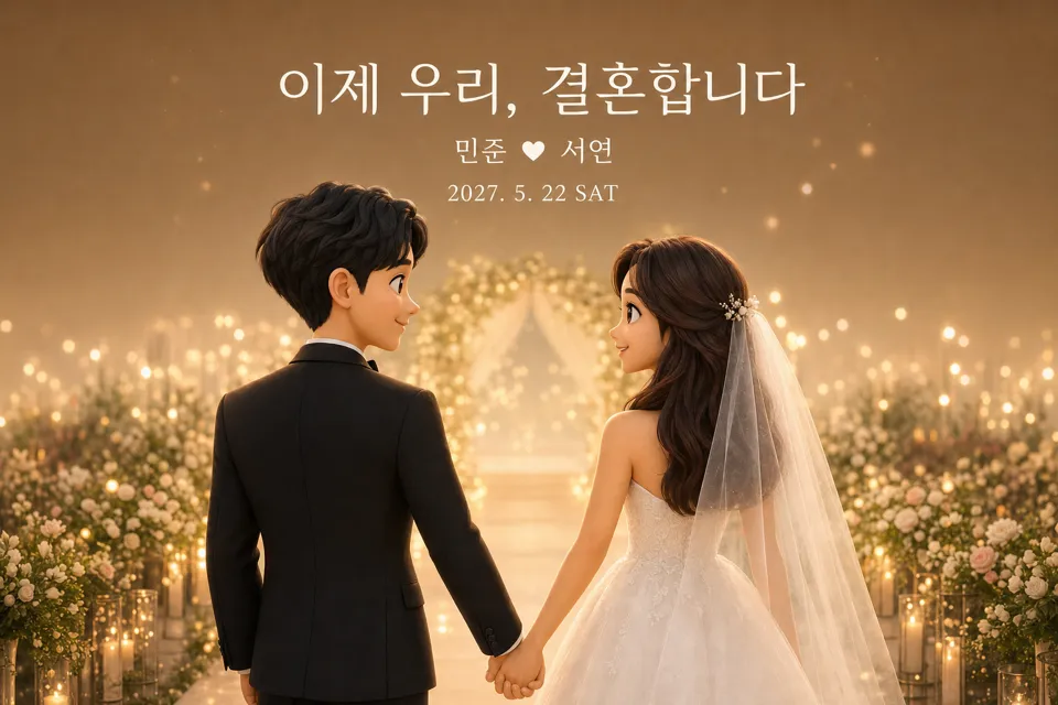 턱시도와 드레스를 입고 손잡은 두 사람 위로 「이제 우리, 결혼합니다」가 뜬 엔딩 카드