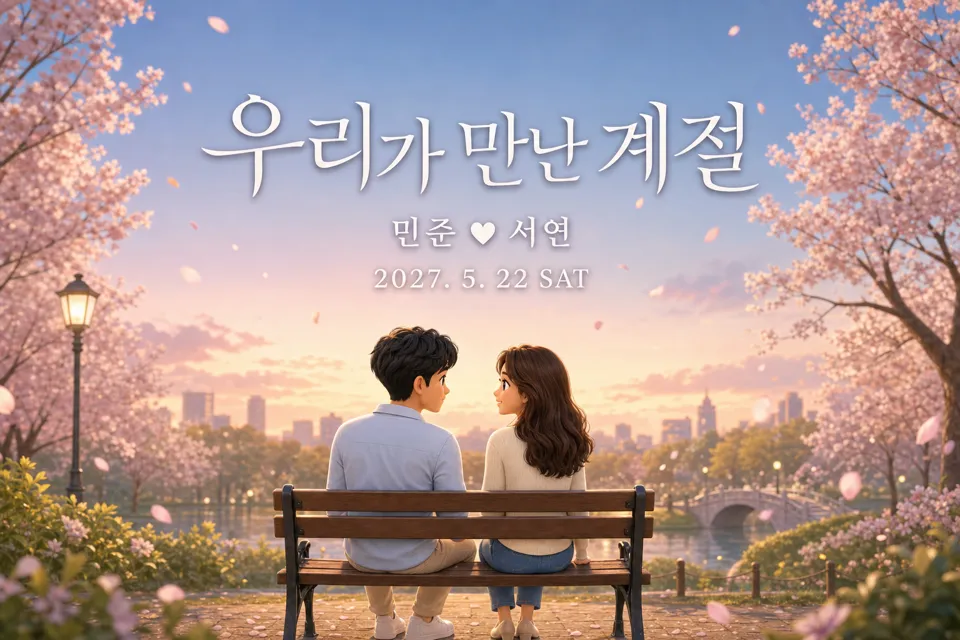 벚꽃 공원 벤치의 두 사람 위로 제목 「우리가 만난 계절」, 두 사람 이름과 예식 날짜가 뜬 오프닝 카드
